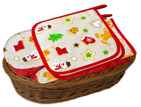 Mehrzweck-Korb Set Kitchen Weihnachten, rot, geflochten oval, mit EIN Paar Ofenhandschuhen und Zwei Topflappen