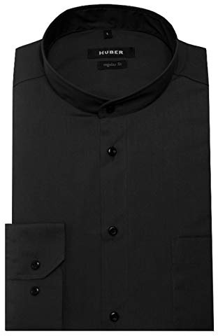 HUBER Herren Stehkragenhemd schwarz Langarm Regular Fit HU-9651 Made in EU
