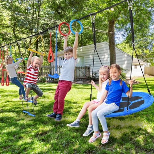 Hapfan 65 ft Ninja Warrior Obstacle Course for Kids with Saucer Tree Swing