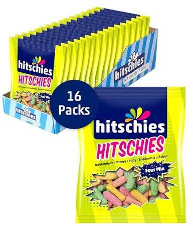 Hitschies Sour Mix - Fruchtig-saure & knackige Kaubonbons mit softem Kern - Erdbeere, Apfel, Aprikose & Zitrone - Glutenfrei & Halal - 16 x 140g