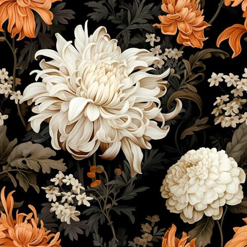 REDAMANCY Boho Black and White Orange Chrysanthemum Vintage Peel and Stick Wallpaper Vintage Wall Paper Stick on Contact Paper Easy Peel Off for nightstand Drawer Renter Friendly 17.7x236