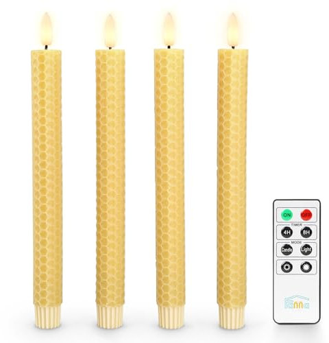 Fanna 4 Yellow Honeycomb Flameless Taper Candles with Remote for Home Decor, Wax Finished Battery Operated Led Candlesticks with Timer for Autumn and Harvest, Batteries Included - H24.5cm