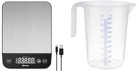 ETEKCITY Küchenwaage digital, mit größer lebensmittelechter Edelstahl-Platte & APS Messbecher 2 Liter, Ø 15 x H: 20,5 cm, Kunststoffbecher mit geprägter Maßskalierung außen