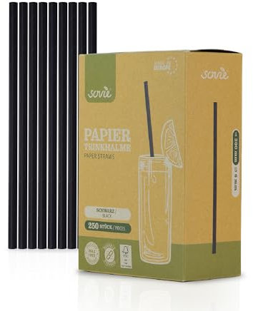 Sovie Lot de 250 pailles en papier noir, sans plastique, certifiées FSC, fabriquées en Europe, biodégradables, diamètre : 6 mm, longueur : 20 cm