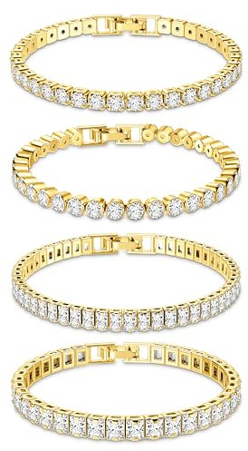 Dochais 4 Stück Tennis Armband Damen Gold, Diamant Armband Damen, Armband Zirkonia, Glitzer Armband Damen, Armband Damen Strass für Frauen Mädchen Mutter Ehefrau Schmuck Geschenk 19cm