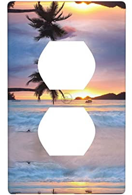 Sunrise Tropische Palmeninsel-Druck, elegante Duplex-Steckdose, dekorative Wandplatte, Vollrahmen-Druckdesign, aus strapazierfähigem PC-Material