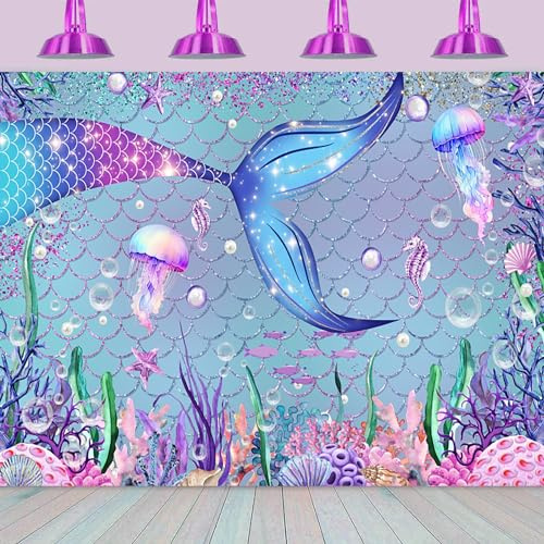 Hnmdmyi 2.1x1.5m Fotohintergrund Meerjungfrau Unter dem Meer Lila Korallen Perlen Glitter Schuppen Unterwasser Fotografie Hintergrund Mädchen Prinzessin Kleine Meerjungfrau Geburtstag Party Dekoration