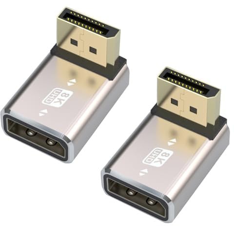 HTGuoji 8K DisplayPort 1.4 Coupler Adapter, 90 Degree Right Angle DP Male to DP Female Extension Connector Support 8K@60Hz 4K@144Hz 1080p@240HZ, Full HD Stereo 3D 2pcs (Up)