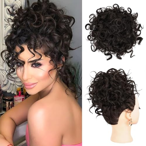 AOWVUTS Haarteil Dutt Messy Bun Kurze Lockige Pferdeschwanzverlängerung mit Elastischer Kordelzug Welle Pferdeschwanz Haarteil Synthetik Haar Scrunchies Groß Dutt Haare Bun Haarverlängerung