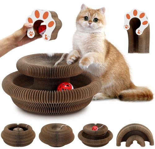 Mittimiya Rascador para Gatos Carton, 2 en 1 Magic Organ Cat Scratching Board Plegable, Cat Scratcher con Bola de Juguete, Tabla de Rascar para Gatos de Cartón Corrugado para Interiores y Exteriores