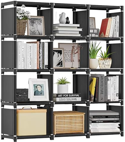 YOUNTHYE Cube Storage Unit, 12 Cube Shelves Black Cube Shelving Units, 125x123x27CM Large DIY Bookcase Storage for Office, Bedroom, Living Room