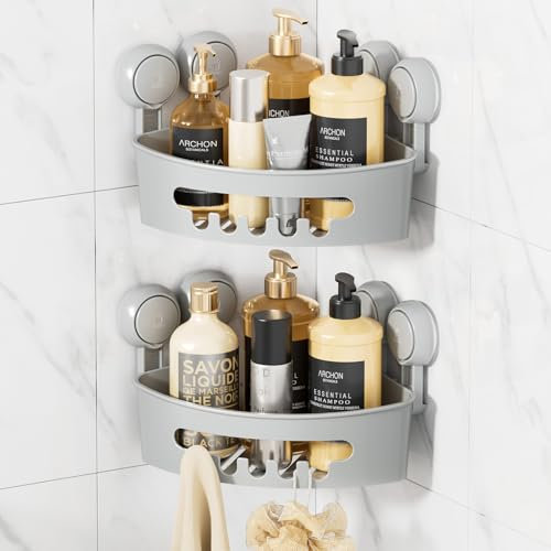 LEVERLOC Corner Shower Caddy Suction Cup 2 Pack Bathroom Triangle Shower Shelf No Drilling Rust Free Removable Waterproof Vacuum Shelf Shampoo Organizer for Bathroom & Kitchen, Grey