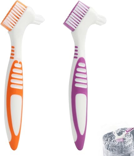 2er Set Premium Zahnbürsten für Zahnprothesen, Gebissreinigungsbürsten mit Mehrschichtborsten und Ergonomischen Gummigriffen, Effiziente und Sanfte Reinigung, Langlebig – Orange und Lila
