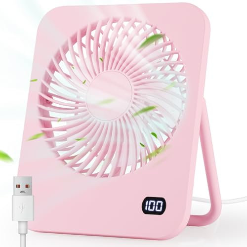 Geepen Ventilador Portatil USB, Mini Ventilador de Mesa Potente 5 Velocidades 180° Ajustable Sobremesa Silencioso para la Oficina, Viaje (Rosa)