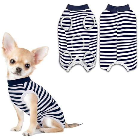 PawSailor Tuta Chirurgica Righe per Cani Unisex Body Post Operatorio Cane | Vestito Post-Intervento in Cotone Morbido con Bottoni, Protezione Ferite per Sterilizzazione o Convalescenza, Blu Marino XS