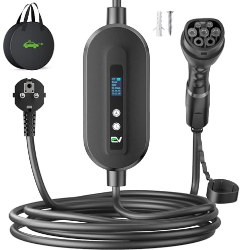 EVJUICION Ladekabel Elektroauto Typ 2 Schuko 3,68kW[1-phasig, 10m, 6-16A, IP67], EV Chargers Ladegerät mit Einstellbarer Ladeleistung Digitalanzeige für ID.3, ID.4, X1, Model Y/3, und Anderen PHEV/EV