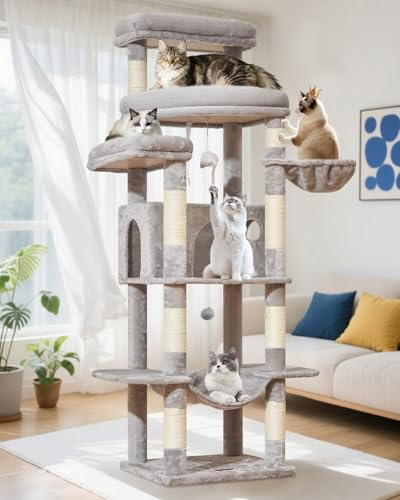 Taoqimiao Arbre a Chat Maine Coon,180cm Stable Arbres à Chat Grand Format XXL avec Condos Spacieux pour Chats, 8 Griffers, Très Grand Plateformes, Hamac, Panier pour Matou, MS034W Gris Clair