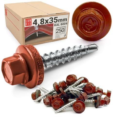 LUN FIX Vis Autoforeuse Metal 4,8x35 mm, EPDM, RAL 8004, 250 Pcs, Cuivré | Vis Autoperceuse, Autoperforante, Acier Galvanisé Pour Bac Acier Toiture Et Tôle, Tête Hexagonale Avec Rondelle Scellée