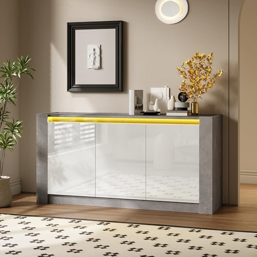 Jaxenor Hochglanz-Sideboard Wohnzimmer mit 3 Türen, Modern Wohnzimmerschrank mit LED-Licht, Esszimmerschrank für Wohnzimmer, Esszimmer & Flur, Griffloses Design, Weiß und Grau
