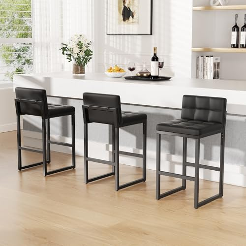 YUUIJOAA Barhocker mit Rückenlehne 3er Set Barstuhl mit Stabiler Metallrahmen Gepolsterter Sitzfläche Kunstleder Barhocker Sitzhöhe 65cm barhocker Gepolsterter Küchenhocker, Schwarz
