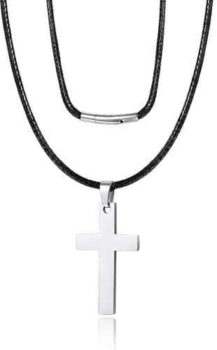 MOJOROUS Christian Gifts Stainless Steel Cross Pendant Necklace for Men Leather Necklace 3mm Braided Rope Chain Waterproof Cross Chain Mens Confirmation Baptism Easter Gifts