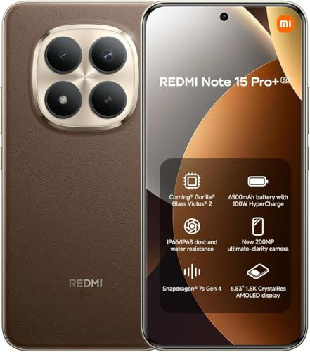 XIAOMI Smartphone Redmi Note 15 Pro+ 5G NFC, 8 + 256 Go,Marron, IP68, 6,83, Snapdragon 7s Gen 4, Appareil Photo 200 MP, Charge Rapide 100 W, Batterie 6 500 mAh, avec Chargeur