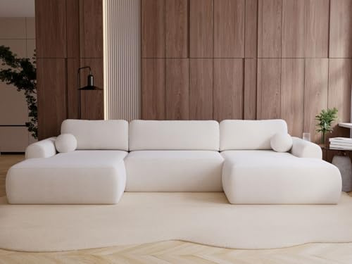 GRAINGOLD Savana U Ecksofa mit Schlaffunktion, 344x177 cm, U-Form Sofa, Schlafcouch für Wohnzimmer, Bouclé-Stoff, 5-Sitzer Wohnlandschaft, Ecksofa mit Bettkasten (Weiß)