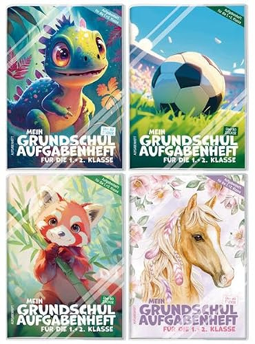 Mein Grundschul-Aufgabenheft 1. und 2. Klasse A5: sort. (4) Motive v. l. n. r.: [Kleiner Dino], [Fußballspiel], [Roter Panda], [Pferd]