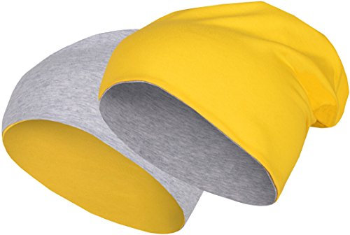 2 in 1 Wendemütze - Reversible Slouch Long Beanie Jersey Baumwolle elastisch Unisex Herren Damen Mütze Heather in 24 (8) (Light Grey/Yellow)