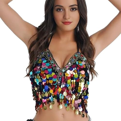 Wuchieal Neckholder-BH mit Pailletten, Salsa, Bauchtanz, Boho, Festival, Clubbing, Tribal-BH, BH-Top