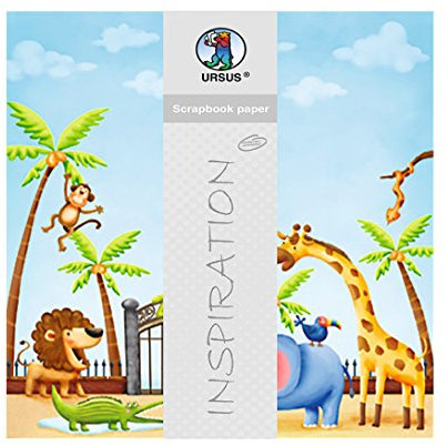 Ursus 703000185 - Premium Glitter Scrapbook paper, Zoo, ca. 30,5 x 30,5 cm, 190 g/qm, 5 Blatt mit Banderole, beidseitig mit verschiedenen Motiven bedruckt, Vorderseite mit Glitter veredelt, Motiv 185