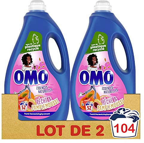 OMO Lessive Liquide Pêche et Pamplemousse, Testée dermatologiquement, Respectueuse des peaux sensibles, Propreté éclatante, Parfum Longue durée, 104 Lavages (Lot de 2x52 Lavages), 2.6L