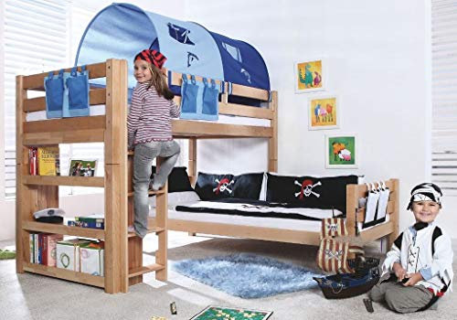 Froschkönig24 Etagenbett Beni L Kinderbett Spielbett Hochbett Bett Natur Stoffset Blau/Delfin, Matratzen Oben/unten:mit 2X Matratze