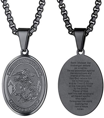 PROSTEEL religiöse Halskette Herren schwarz Edelstahl Heilige Michael Anhänger mit 55cm Ankerkette Oval Erzengel Gebeten Medaille ModeSchmuck Accessoire für Männer Jungen