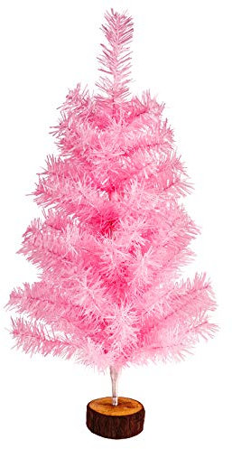 FINGOOO 2ft/60cm Artificial Christmas Tree with Wood Base, Tabletop DIY Xmas Home Indoor Decorations and Gift, Pink