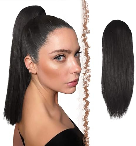 FESHFEN Pferdeschwanz Extensions mit Kordelzug Lang Gerade Zopf Pferdeschwanz Haarteil Glatt Haarverlängerungen Synthetik Drawstring Ponytail Extension für Damen 30 cm Schwarzes Braun
