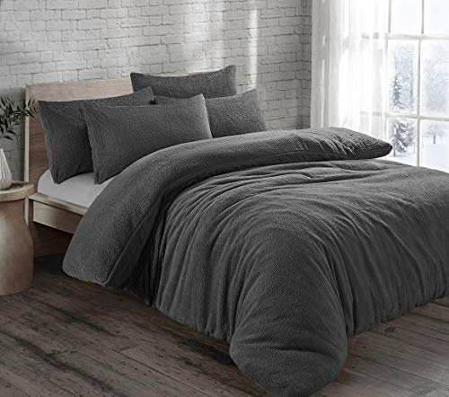 HOMES-LINEN Teddy Bear Fleece Thermal Warm Cosy Soft Fur Duvet Cover Set With Pillow Cases (Charcoal, Super King)