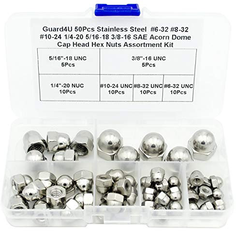 Guard4U 50Pcs 6-Kinds SAE Acorn Dome Cap Head Hex Nuts Assortment Kit -304 Stainless Steel #6-32#8-32#10-24 1/4-20 5/16-18 3/8-16 Hexagon Decorative Cap Nuts