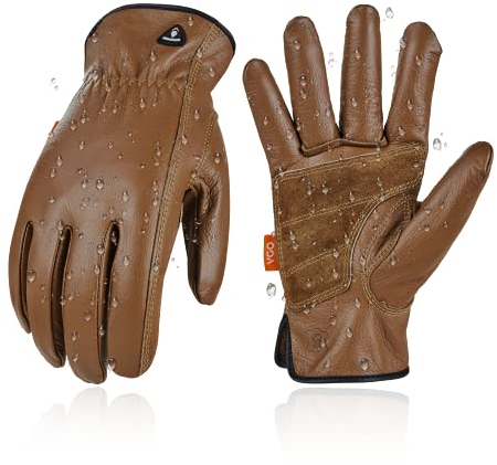 Vgo... 1Pair Unlined Safety Cow Grain Leather Work Gloves Men,Rigger Gloves,Builder Gloves, Water Resistant, Palm Patched(CA9597WP) (Medium, Brown)