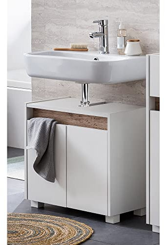 Lomadox Waschbeckenunterschrank Badezimmer in Weiß mit Absetzung in Wildeiche Nb., B/H/T: ca. 56,9/54,6/33 cm