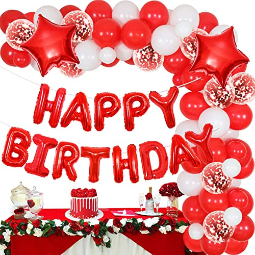 Fangleland Rote und weiße Luftballons Geburtstag Party Dekorationen für Männer Frauen, Ballon Girlande Bogen Kit mit Happy Birthday Banner, Konfetti Latex Ballons und Stern Folienballons