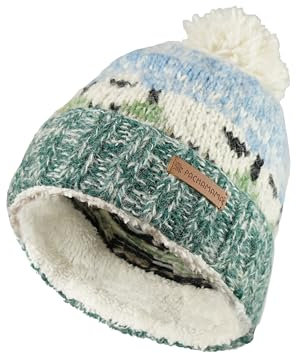 Pachamama Damen Wolle/Mohair Beanie Bommelmütze Sherpa Fleece gefüttert handgestrickt Schaf-Design mehrfarbig Einheitsgröße handgefertigt extra warm Fair Trade, Grün, Blau, Weiß, mehrfarbig, M