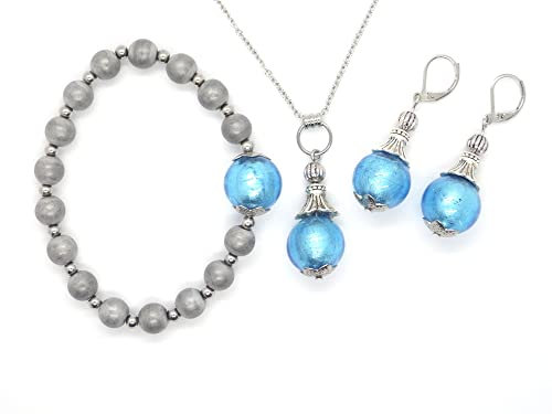 Conjunto de joyería pendientes, collar y pulsera en acero inoxidable, hematites y cuentas de cristal de Murano azul turquesa