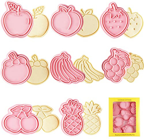 Fruit Themed Cookie Cutter-8 Plastic Cookie Stamps-Cartoon Fun Cookie Mold,3D Fruit Themed Cookie Cutter Set.