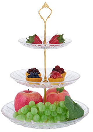 Relaxdays Soporte Tartas, Vidrio y Hierro, 3 Pisos, 33x25 cm, Bandeja Cupcakes, Frutero, con Asa, Transparente y Dorado