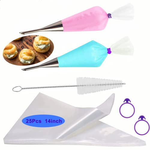 30 Pcs Cream Icing Piping Long Puff Nozzle Tip Set, Cake Decorating Supplies with Silicone Rings, Cleaning Brush, Cupcake Puff Filling Kit Decor Tool for Cream Frosting,Cookie Icing Cakes Cupcakes