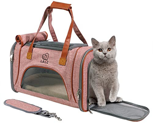 PETCUTE Sac Transport Chat Chien,Caisse de Transport Pliable Chat avec Matelas en Peluche Amovible,Airline Approuvé,Réfléchissant,Caisse de Transport Chat avec Bandoulière Réglable,Rose Clair