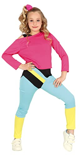 FIESTAS GUIRCA 80er Jahre Aerobic Star Kostüm Mädchen – 90er Jahre Outfit mit Rosa Top und buntem Overall für Mädchen von 7-9 Jahren