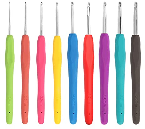 iJiGui Set di 9 Uncinetti in Diverse Misure, Ganci per Uncinetto, Aghi per Uncinetti in Alluminio Multicolore, 2 mm~6 mm, Ferri da Maglia Ergonomici Morbidi Impugnature in Gomma Antiscivolo