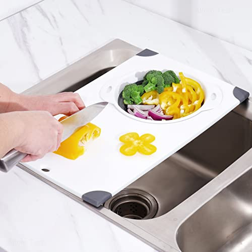 NiHome Schneidebrett über der Spüle mit faltbarem Sieb, 2-in-1 Spülbecken-Abtropfbrett, rutschfestes Schneidebrett und abnehmbarer Abtropfkorb mit ergonomischem Griff, PP-Kunststoff und TPR-Gummi
